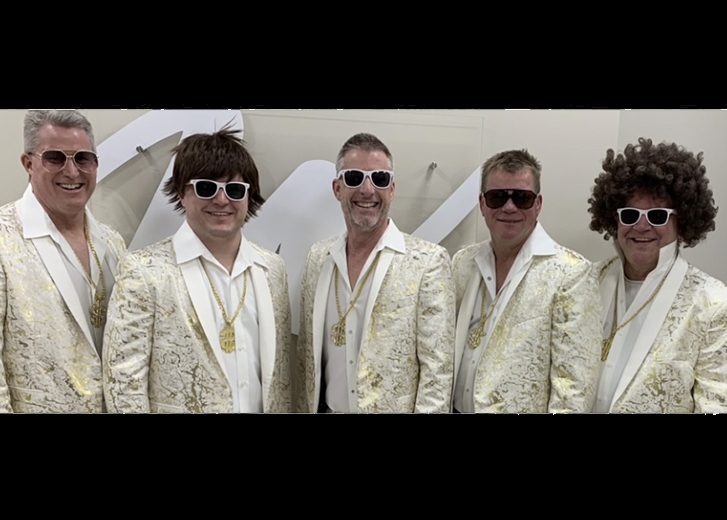 guys in flashy white suits costume with sunglasses